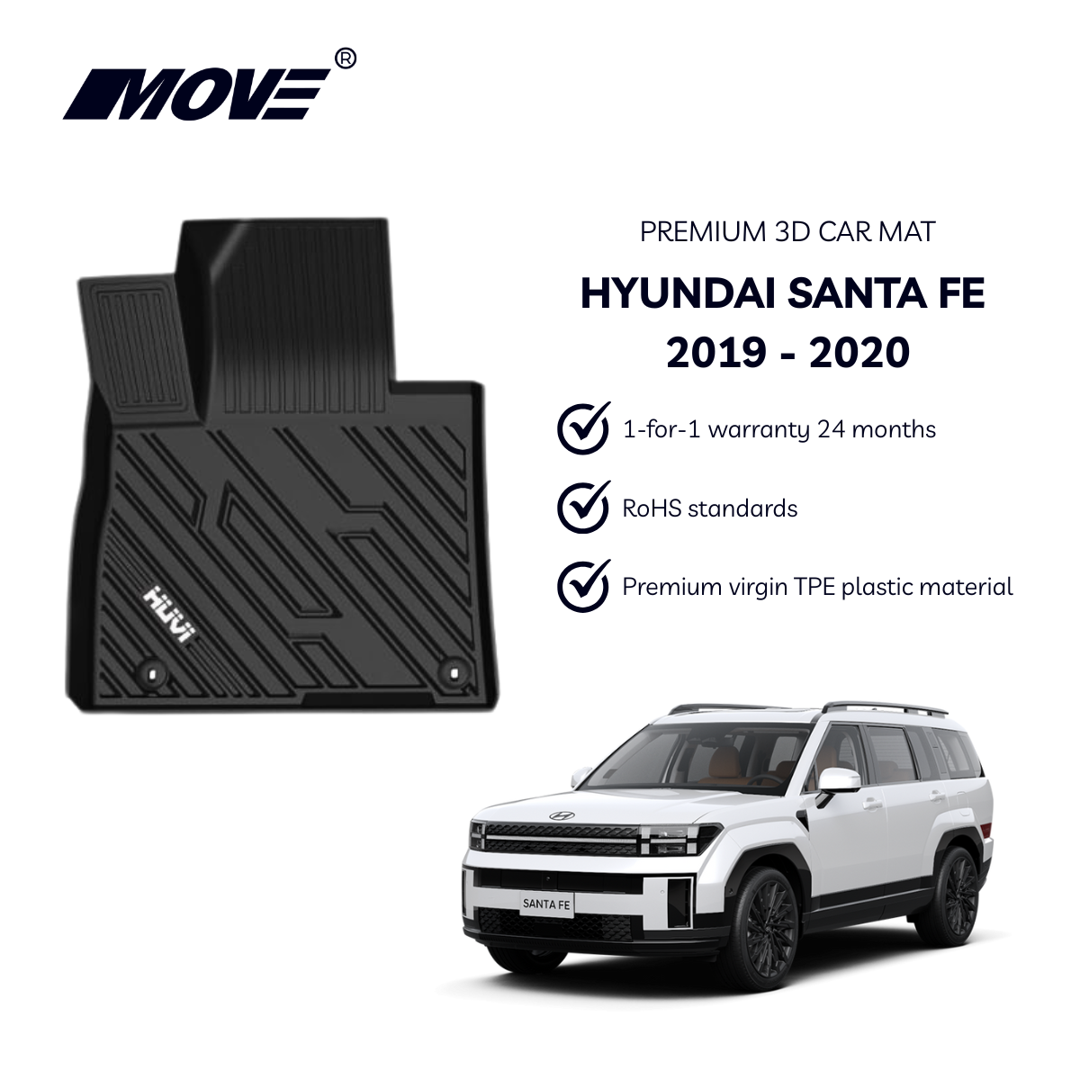 All-Weather 3D Floor Mats Perfect Fit for Hyundai Santa FE (2019 - 2020)